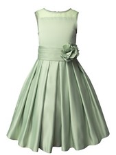 Girls Sheer Neckline Satin Tea Length Flower Girl Dress for Wedding Easter