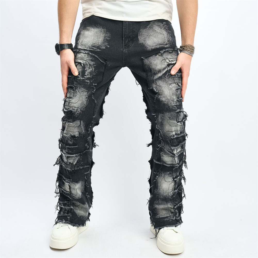 Men Ripped Skinny Denim Straight Trousers Distressed Jeans Mid Waisted Pants