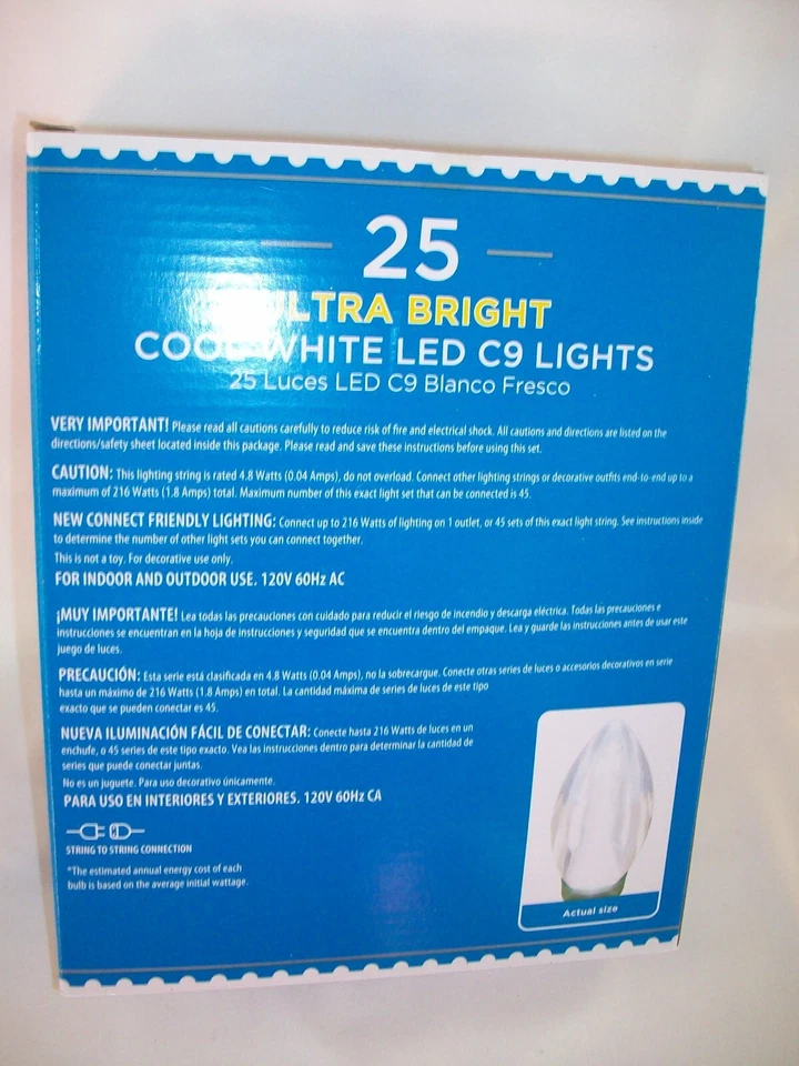 Holiday Time 25 Ultra Bright LED C9 Bulb Christmas Lights Warm White 15' New - Image 3 of 3