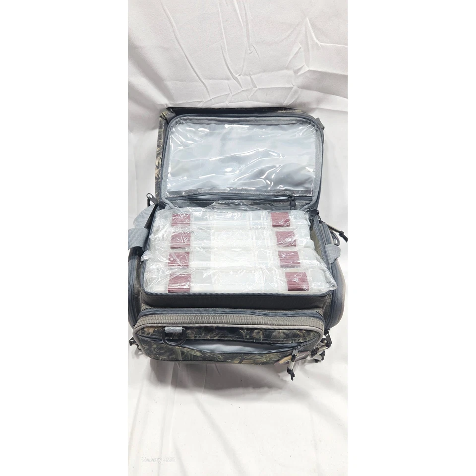 Bolsa de aparejos de pesca de camuflaje Plano con múltiples compartimentos y bandeja de almacenamiento Foto 2 de 4