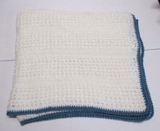 NEW BOYS HANDMADE WHITE & TEAL BLUE TRIM BABY BLANKET SIZE 49X40 INCHES BIN #BL