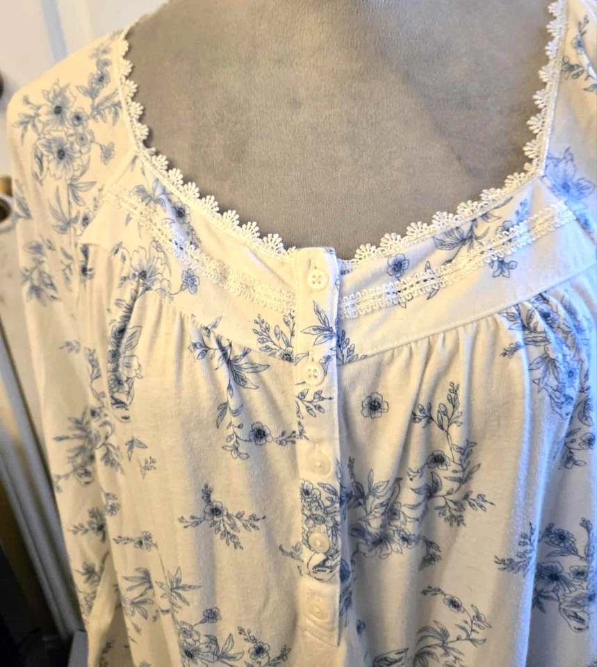 Croft & Barrow Blue Chinoiserie Long Sleeve Knit Nightgown Bird Floral 1X B200 - Image 2 of 4