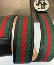 Gucci GG Silver Interlocking Buckle Web Belt Black Green, Red Size 90 cm 30/32 W
