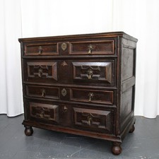 Antique English 17th century geometric oak chest of drawers, Charles II, country