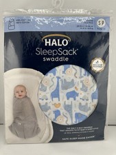 HALO SleepSack Swaddle Blue Safari Cotton 3 Way Adjustable for Safe Sleep Small
