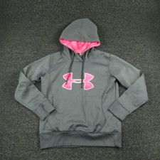 Under Armour Hoodie Womens Small Gray ColdGear Fleece Pullover Pink Ribbon Logo