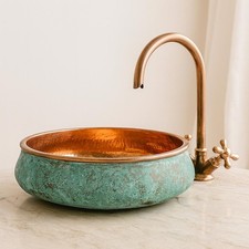 Lavandino vaso rame ossidato fatto a mano, patina verde rustico casale bagno sin
