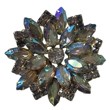 Vintage Shades of Blue Pink Aurora Borelius Rhinestone Layered Large Brooch Pin