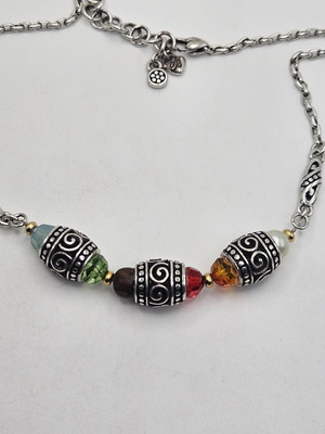 BRIGHTON Ayu Rainbow Multi Colors Crystal Silver Tone Scroll Necklace 