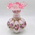 Vintage Fenton Hand Painted Charleton Rose  Peach Crest Melon Vase Gilded 8"