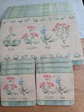 12PC RECTANGULAR TABLE MATS & COASTER SET HEAT RESISTANCE CORK BACK, HERB GARDEN