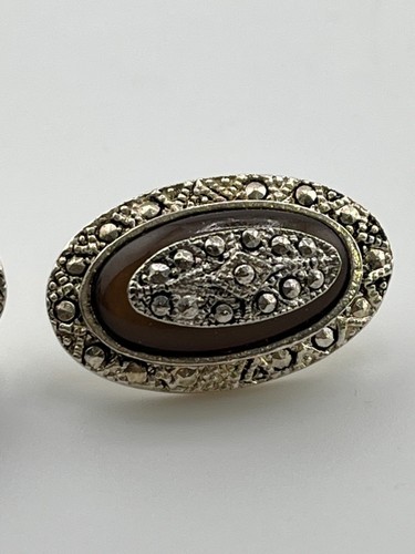 Vtg earrings in possibly sterling silver in art deco style with onyx, marcasite - Picture 10 of 12