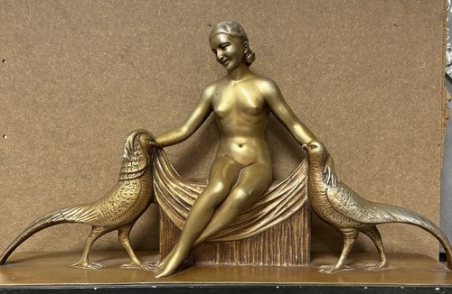 S. MELANI da VOLTERRA Ancienne Sculpture Art Déco Plâtre 1930 PAONS Italien Rare - Photo 1/6