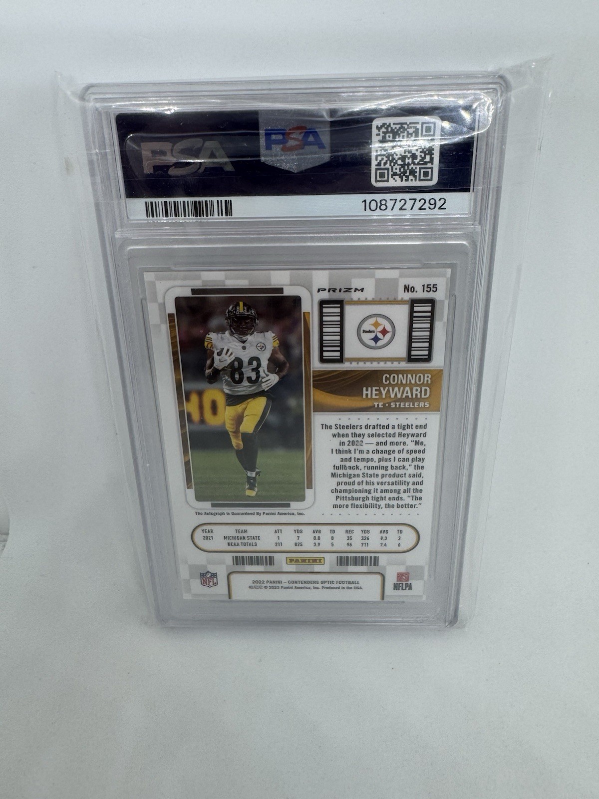 2022 Contenders Optic Rookie Ticket Auto Connor Heyward Silver Prizm (RC) PSA 10 view 2