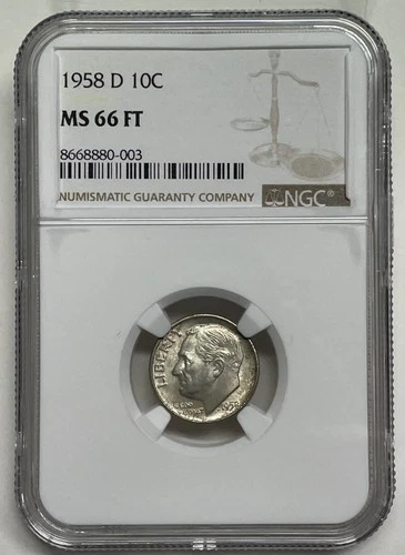 1958-D Roosevelt Dime 10c NGC MS 66 FT Full Torch Mint State Uncirculated Coin