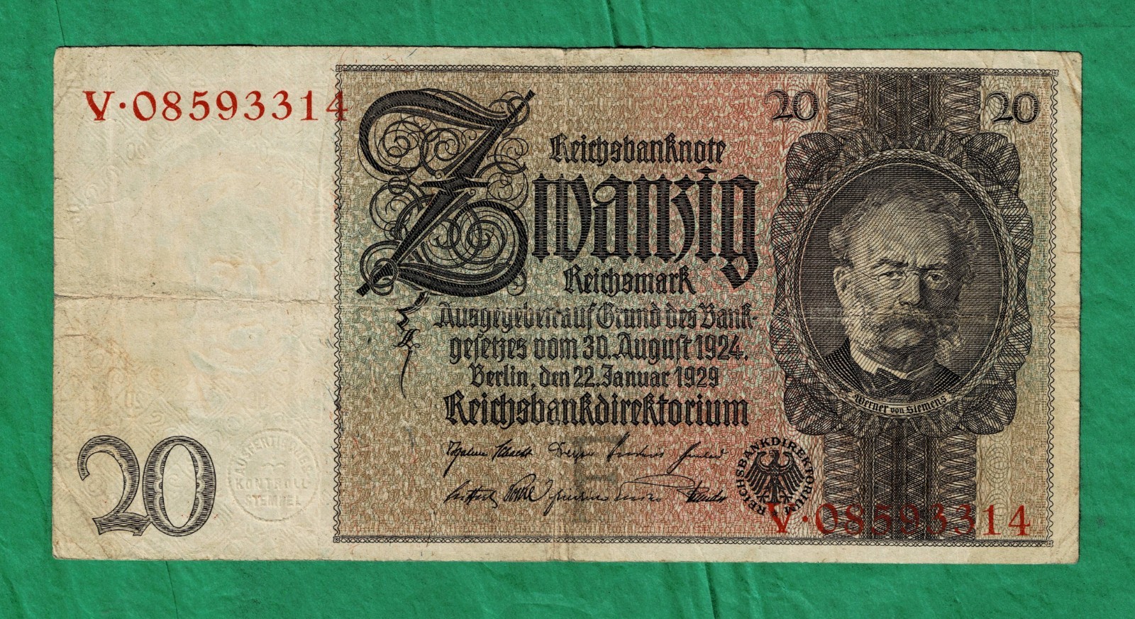 20 Reichsmark Reichsbanknote, German Republic, Pre-WW2, 1929,- Historical