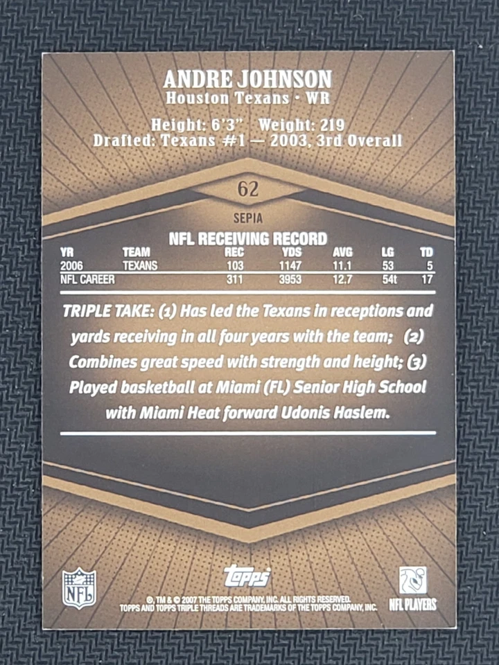 2007 Topps Triple Threads Andre Johnson /639 Parallel #62 Houston Texans - Image 2 of 2