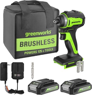Greenworks 24V Brushless 1/4'' Cordless Impact Driver, (2) 2.0Ah Batteries, Comp