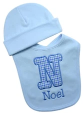 Baby Boys Personalized Initial Bib with Cotton Beanie Hat Gift Set
