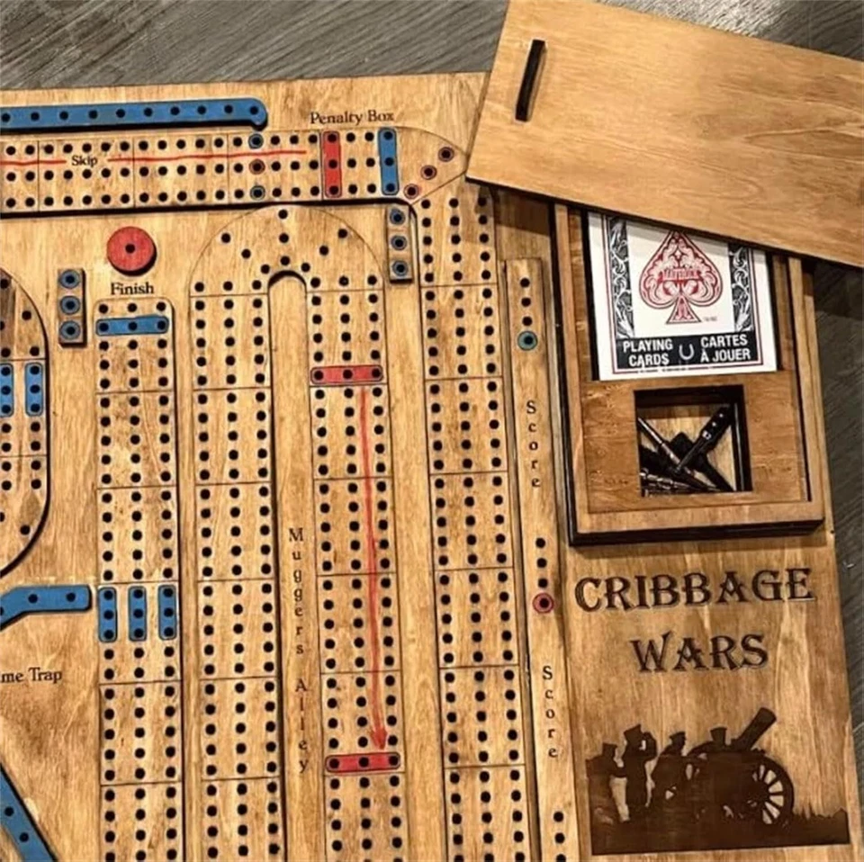 Cribbage Wars Board Game 2024 New Wooden Cribbage Board Game Set W/ Compartment - image 4 of 4