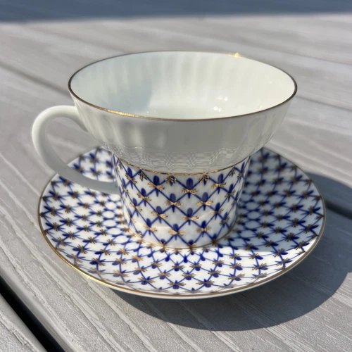 3.25" diam Lomonosov Russian Cobalt Net Bone China Cup & Saucer 1744