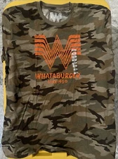 WHATABURGER  T-Shirt Size Large Camo & Orange “makes you say What a burger!”