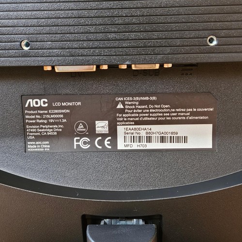 AOC Monitor E2280SWDN LCD LED 22" Monitor Full HD 1080 Inc Power & DVI Cord - Picture 6 of 11