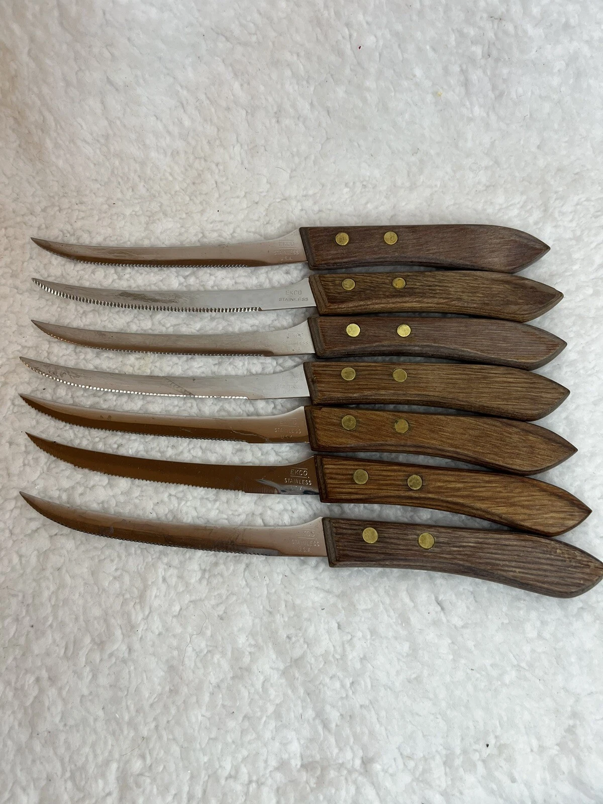Vintage ENCO Knife Set of 7 USA Stainless Wood Handle Serrated Blade