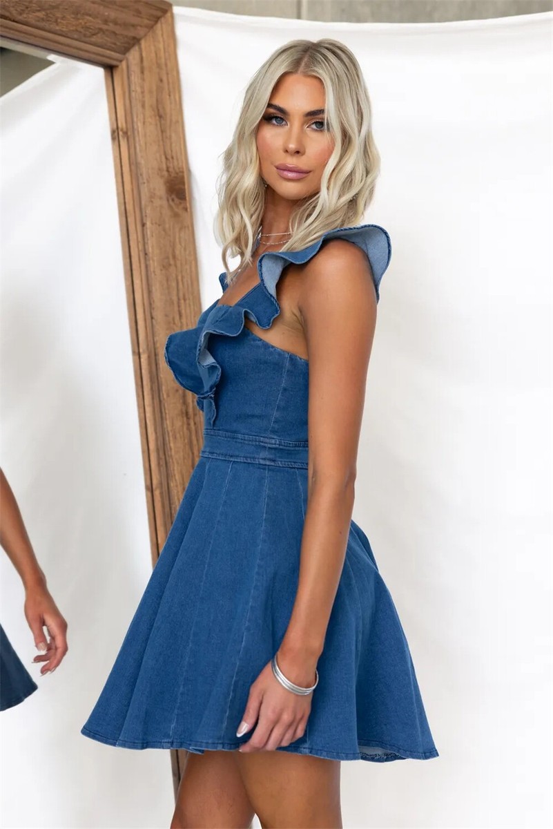 cheap blue jean dresses Denim Mini Dress with Crewneck, Bow Tie Back, Side Pockets & Straight Loose Fit – Antoina Dress by EASY CLOTHES – Size M main image 1