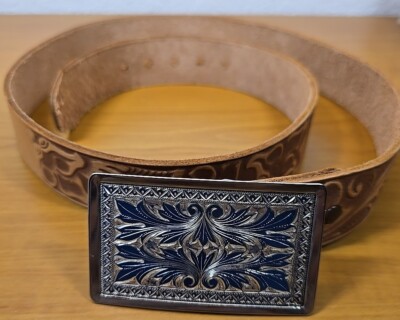 Western Leather Belt Hand Tooled Floral Design Silver Buckle Size 34 Western Belt - Classic - Floral Tooled Leather Brown  main image 4