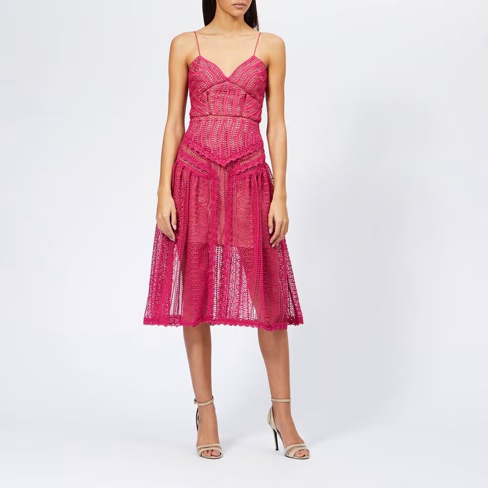 Self Portrait Fuchsia Spiral Lace Panel Dress Eyelet Lace Midi Pink Sz 10 Self Portrait Fuchsia Spiral Lace Panel Dress Eyelet Lace Midi Pink Sz 10