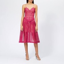 Self Portrait Fuchsia Spiral Lace Panel Dress Eyelet Lace Midi Pink Sz 10
