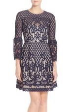  ELIZA J BELL SLEEVE LACE FIT FLARE NAVY/NUDE DRESS sz  8
