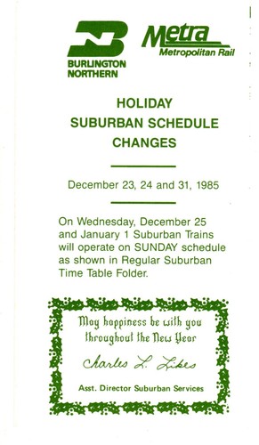 METRA RAIL - CHICAGO TO AURORA HOLIDAY SUBURBAN TIMETABLE - 12/23, 24 & 31/1985