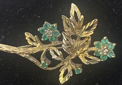 Vintage Brosche 9 kt 4 cm Gold Smaragd und Diamant floral Blume gepunzt 4,35 g