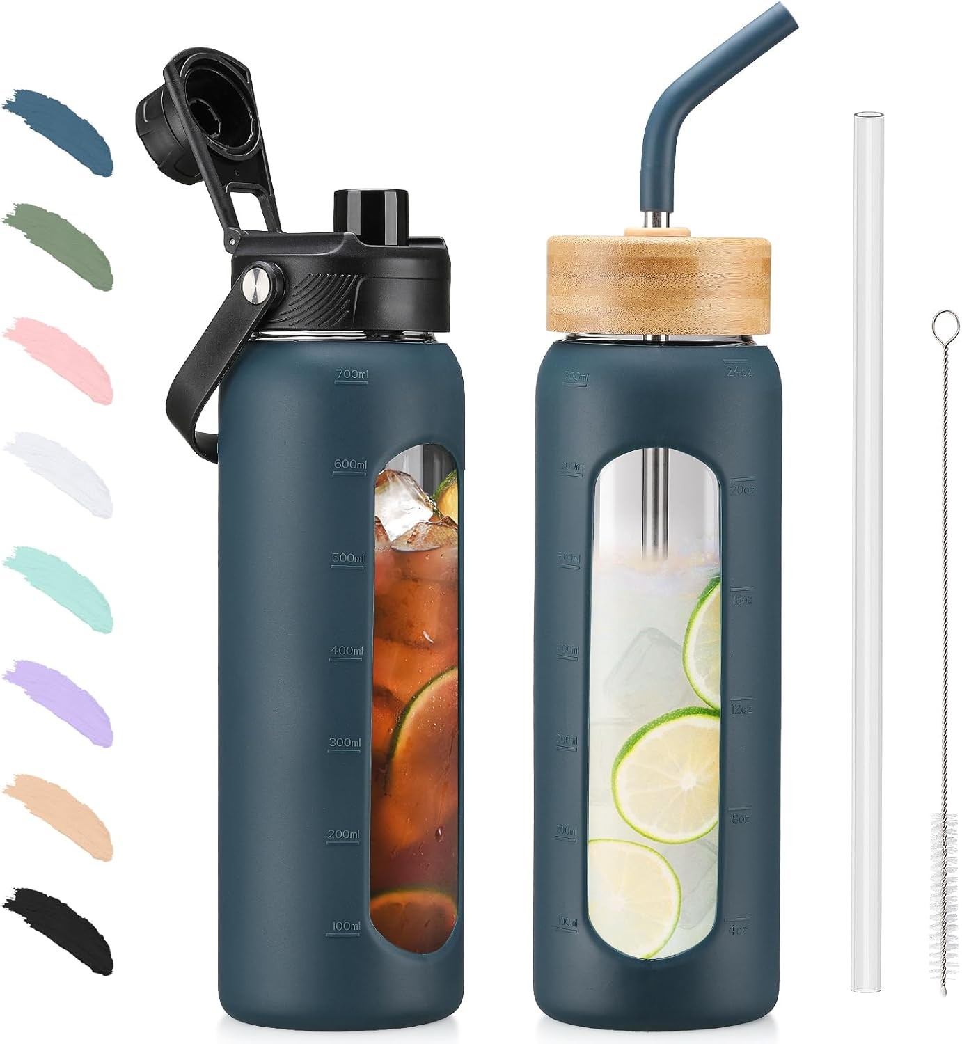 BLUEGO 700ml Glass Water Bottle with Straw and 2 Lids Glass Coffee Cup with Tim