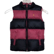 Ralph Lauren Stripe Down Puffer Vest Girls Size 6X Pink Blue Crest Reversible