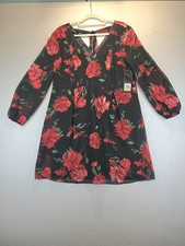 NWT Nine West Women's Medium Dress Black Ruby Red Floral Rose V-Neck Long Sleev