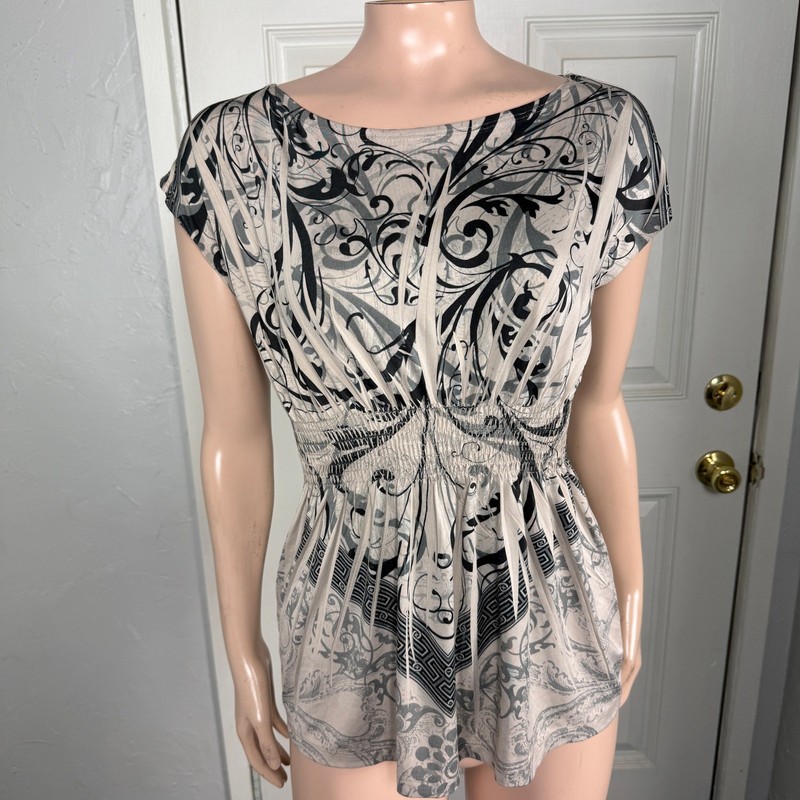 Vintage Y2K Shirt Papaya S Polyester Floral Print Stretch Bohemian Smocked DD11