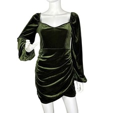 Cider Mini Dress Velvet Bodycon Balloon Sleeve Fairy Grunge Olive Green Size L