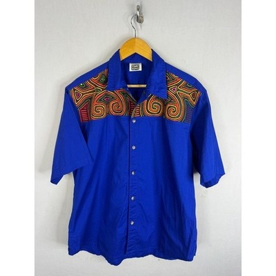 My Name Is Panama Mens XL Blue Cotton Mola Folk Art Embroidered Shirt SS