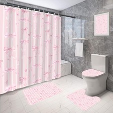 Pink Bow Shower Curtain Set Cute Fun Girls Girly Preppy Princess Pastel Coque...