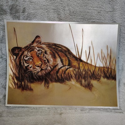 Carol Hoss Foil Lithograph Art Print 1980 Lazy Tiger