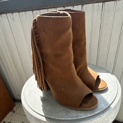 dv Suede Brown Fringe Open Toe Block Heel Ankle Bootie Women's Size 7