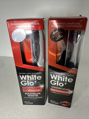 2 White Glo Charcoal + Baking Soda Toothpaste Maximum White w/ Grey Brush