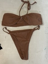 Brown Twist Front Halter Bandeau Bikini Set Tie Strap 2 Piece Size M Women