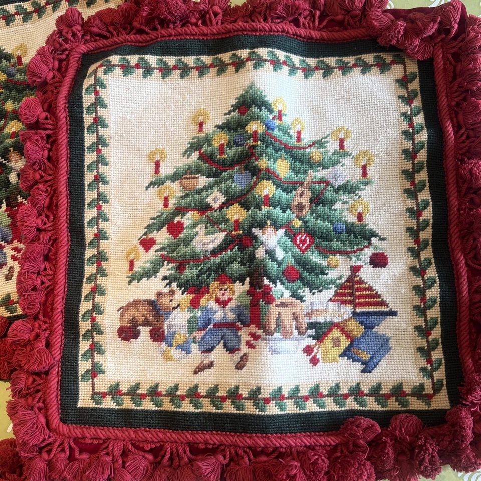 3-18” Square Christmas Tree Embroidered Pillow Covers Only Zip Velvety Back Set - Image 3 of 4
