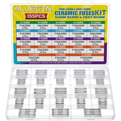 Keramik Sicherungen Sortiment, 5x20mm, 6x30mm, 250V, feinsicherung, Träge Sic...