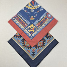 Set of 2 Vintage 80s Southwestern Square Bandana 21.5 USA Made - Blue Red