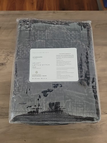 Pottery Barn Gray Velvet Lattice Stitch Shams. Size- Standard. Set Of 2. New